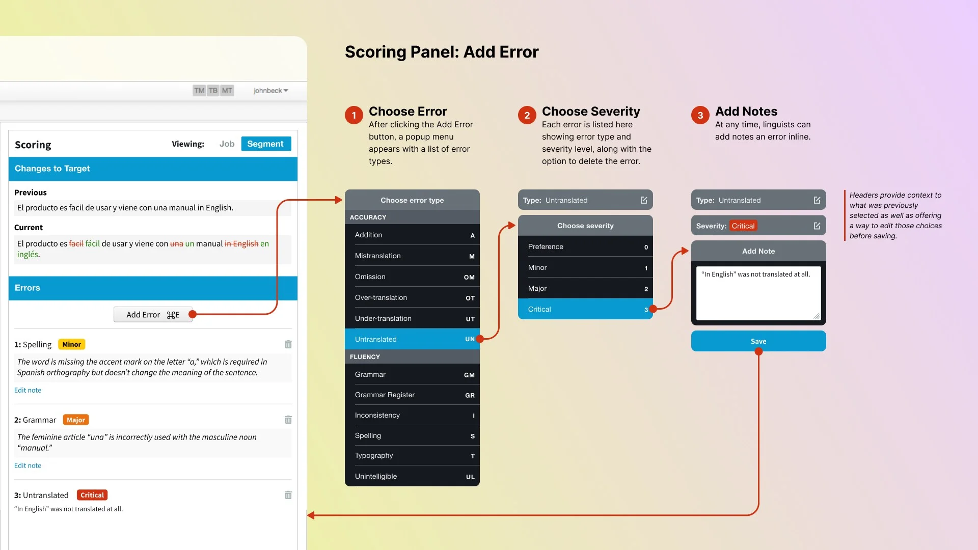 Three-step error selector showing type selection with keyboard shortcut codes, severity picker, and notes field