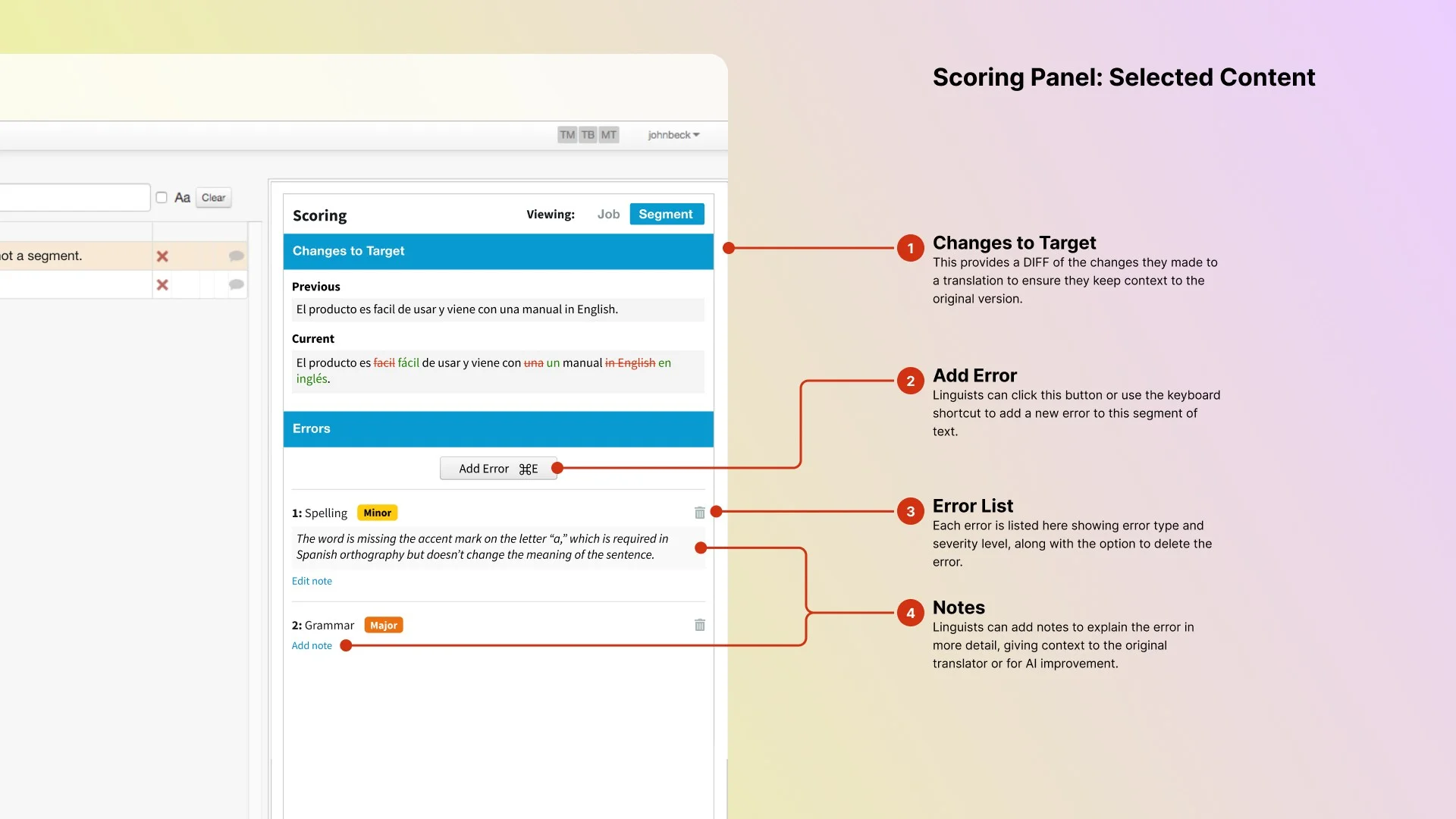 Segment-level view showing diff between original and revised translation with error detail panel
